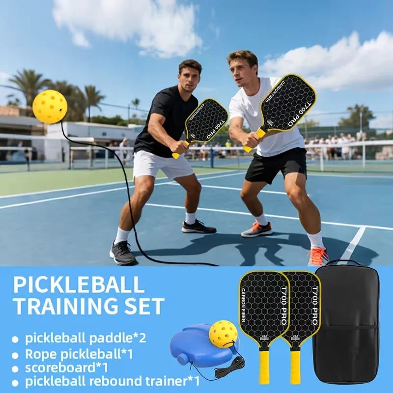 Pro T700 Carbon Fiber Pickleball Paddle & Solo Rebound Trainer Set